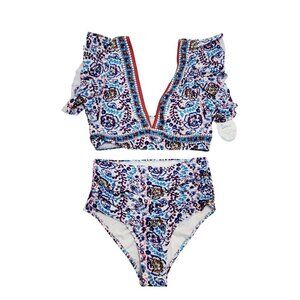 Womens Soucrat Ruffled V-Neck Bikini Set High-Waist Floral Swimsuit S Multicolor